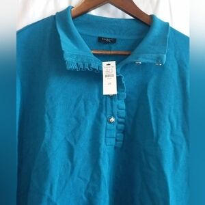 NWT Talbots 2X Plus Teal Ruffle-Trim Fancy Buttons Long Sleeve Pullover Office